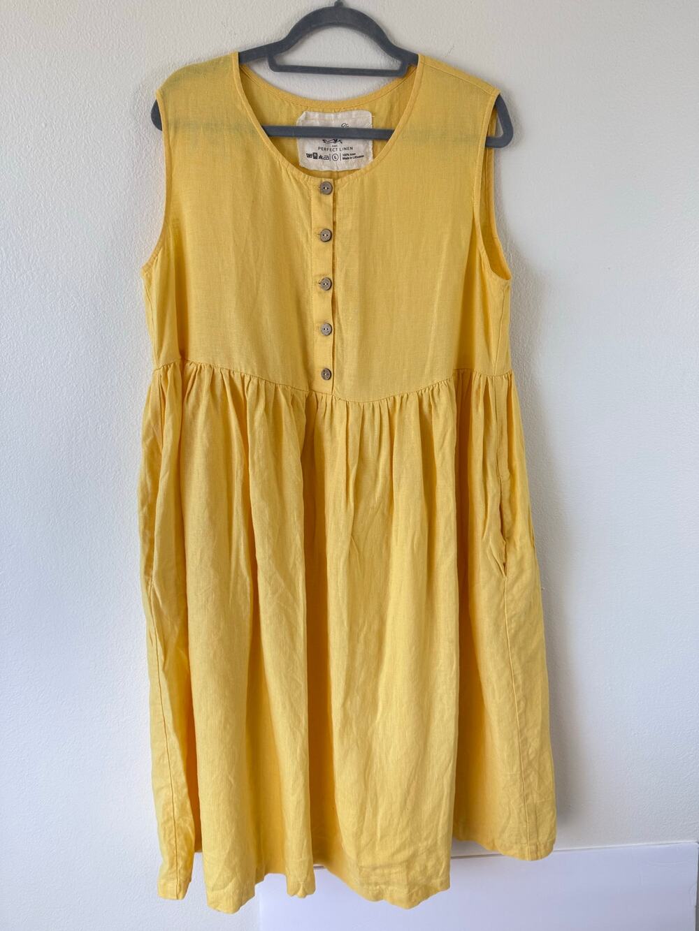 not PERFECT LINEN Sleeveless MAMA Maxi Dress Yellow Pockets Button Down Flowy L